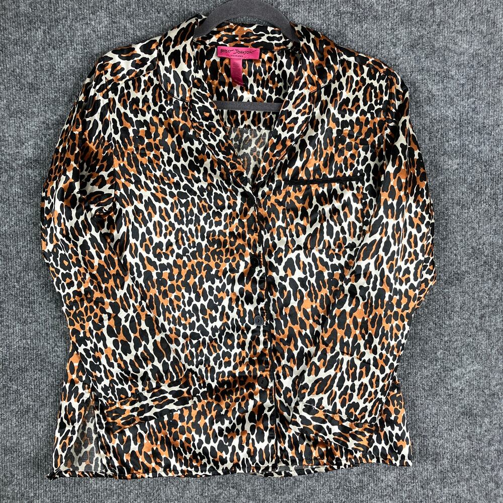 Betsey Johnson Blouse Womens S Leopard Print Sheer Button-Up Long Sleeve